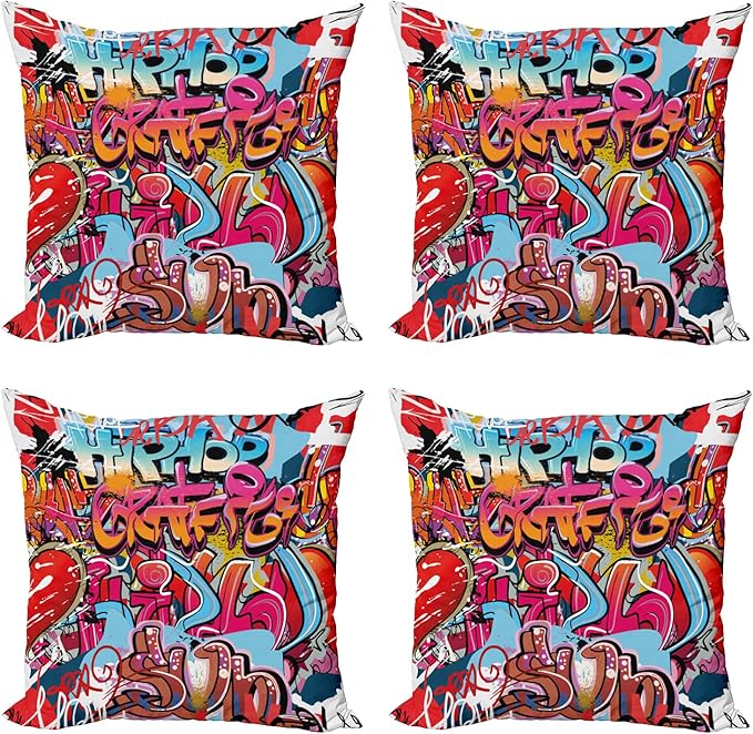 Ambesonne Graphic Throw Pillow Cushion Case Pack of 4, Hip Hop Street Culture Harlem New York City Wall Graffiti Art Spray Art Image, Modern Accent Double-Sided Digital Printing, 24", Pink Red