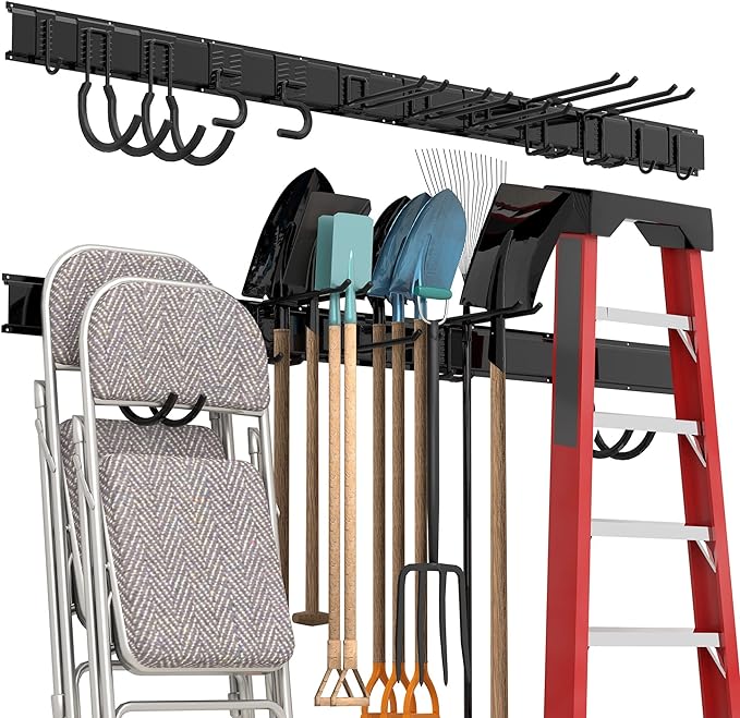 Sttoraboks Garage Tool Storage Rack, Heavy Duty Garage Storage Organizer Rack System Wall Mounted Tool with 12 double hooks, 4 rails Garden Tool Rack
