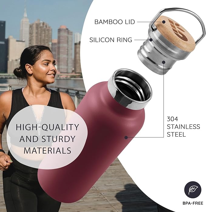 Bambaw 32 oz Water Bottle Insulated, Stainless Steel Water Bottle 32 oz, Keeps Drinks Cold 24h and Hot 12h, Easy to Carry with Handle, Reusable, Lightweight and Durable (Red Berry)