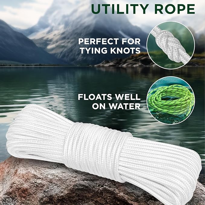 TECEUM Rope – 90 Feet x 3/8 Inch (10mm) – White – Strong All-Purpose Utility Rope – Camping, Crafting, Flag Pole, Indoor & Outdoor – Polypropylene Nylon Poly Lightweight Diamond Braided Cord
