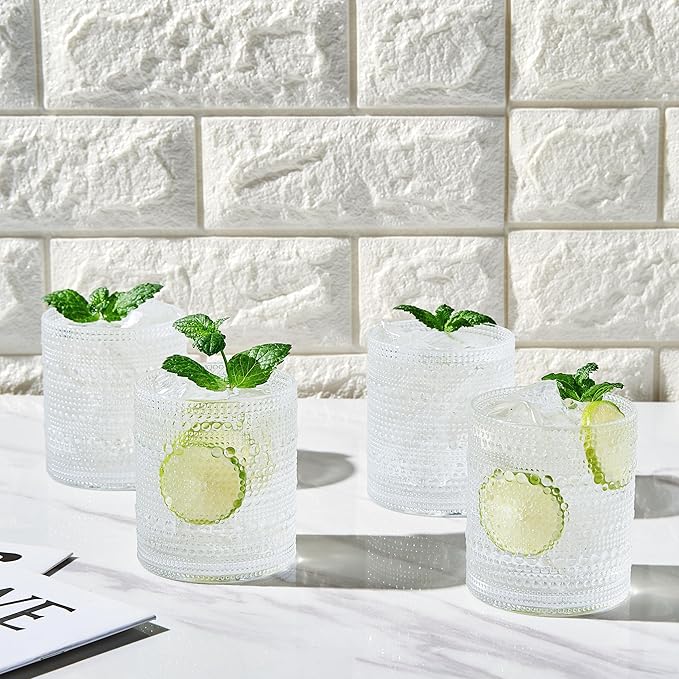 Khen Plastic Hobnail Drinking Glasses Set of 4 Clear Cups 14oz, Shatterproof & Unbreakable Acrylic Beaded Design, BPA-Free, Dishwasher Safe Indoor/Outdoor Drinkware for Water, Juice, Cocktails