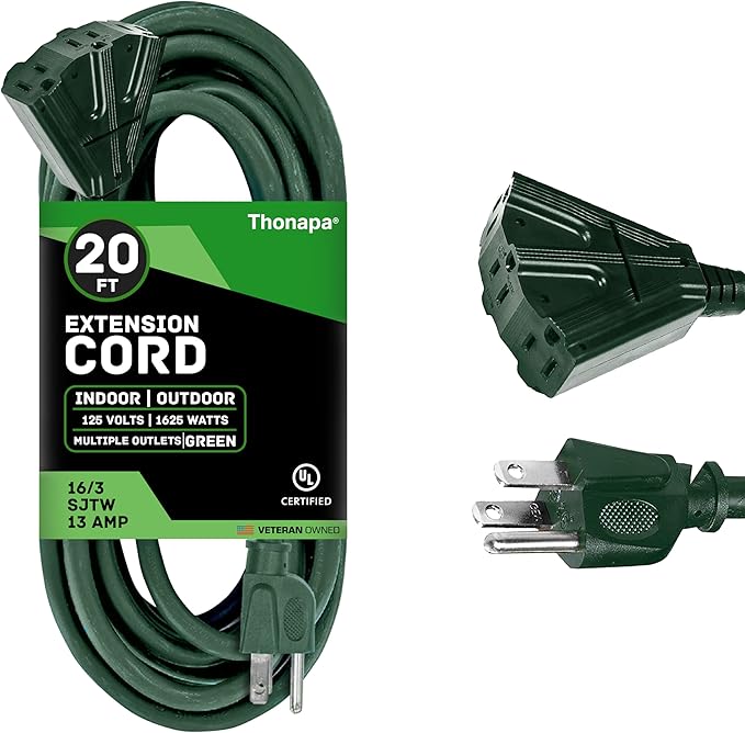 Thonapa Weatherproof Green Extension Cord 20 ft 3 Outlets, 16/3 SJTW Outdoor Extension Cord with Multiple Outlets 20 Foot, 13 AMP Exterior Electric Cable 3 Way Plug for for Outdoor Lights, Landscaping