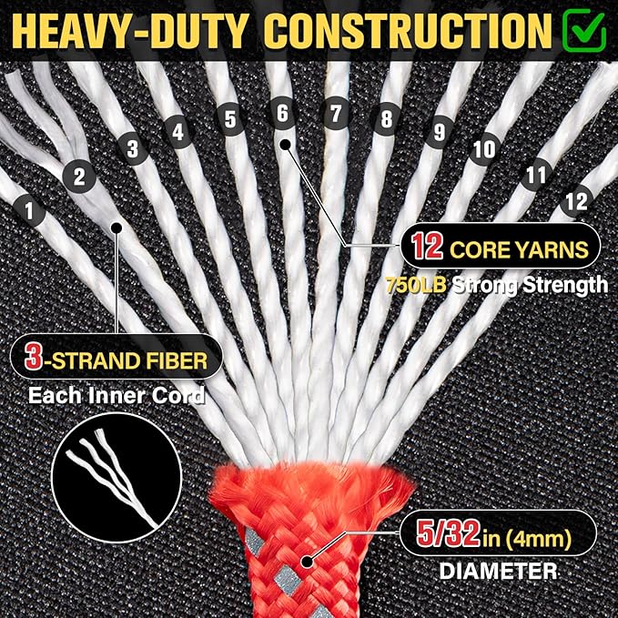 Reflective Paracord Rope 750 lb - 500ft 5/32" Parachute Cord 4MM 12-Strand para Cord - Heavy Duty Spool String for Survival,Camping Gear, Survival Bracelet, Clothesline - Red