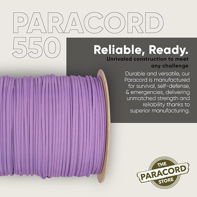 The Paracord Store | Type III 550 Paracord - 1000 FT Spool, Lilac | Heavy Duty 7 Strand Tactical Paracord - USA Made Nylon Outdoor Parachute Cord for Camping, Fishing & More - Survival Cord