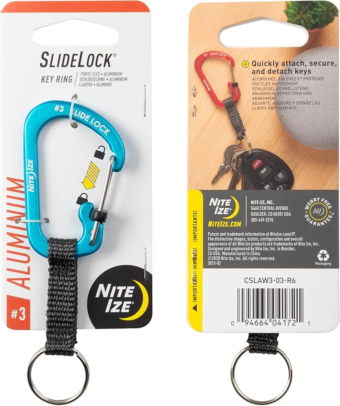 Nite Ize SlideLock Key Ring, Aluminum Locking Carabiner Key Chain with Webbing, Blue