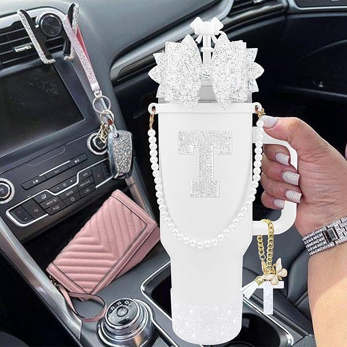 9PCS White for Stanley Cup Accessories Set Bling Initials Bow Charms for Stanley Decorations 30/40 Oz Tumbler Accessories Including Bow Straw Topper, Handle Strap, Spill Stopper（Letter T）