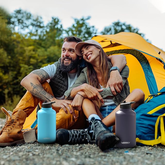 64oz Insulated Water Bottle (Cold for 48 Hrs),BPA Free&Leak Proof,Half Gallon Stainless Steel Water Flask,Water Jug with Straw Spout Lids for Gym,Hiking,Camping,Purple