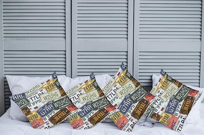 Ambesonne Vintage Decorative Throw Pillow Case Pack of 4, Original Retro Style License Plates Personalized Creative Travel Vacation, Cushion Cover for Couch Living Room Car, 16", Blue Green