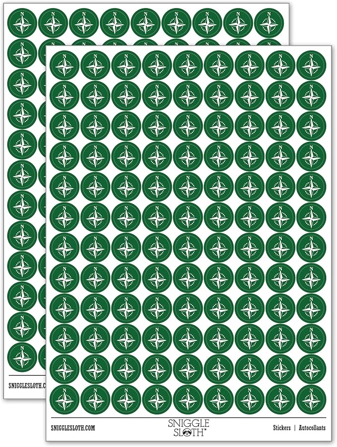 Compass Rose Nautical Star Navigation Map 200+ Round Stickers - Matte Finish - 0.50" Size - Dark Green