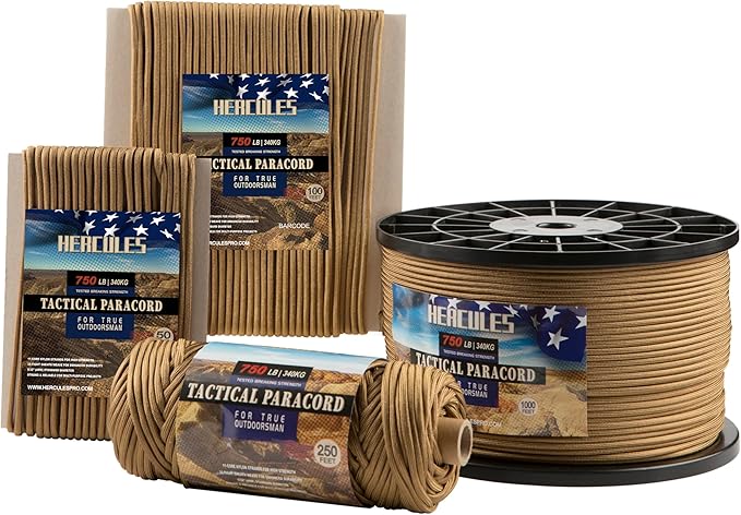 HERCULES 750lb Paracord 4mm 11 Strands Tactical Parachute Cord, 50' 100' 250' 1000' Utility Rope for Camping, Survival, Outdoor Gear (Coyote, 50FT)