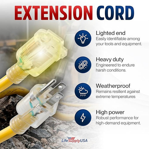 100ft Outdoor/Indoor Extension Cord 10/3 Gauge Ultra Heavy Duty 3 Prong SJTW, Waterproof, Flexible Cold-Resistant Long Power Cord,15A 125V 1875W, Yellow by LifeSupplyUSA