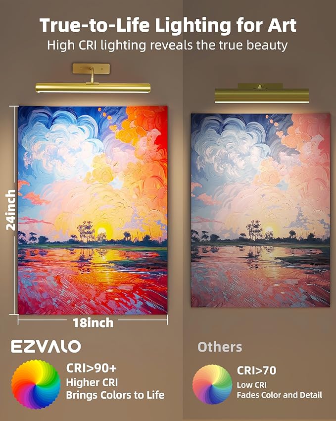 EZVALO Picture Lights for Wall, 6000mAh Rechargeable Battery 16″ Painting Light with Remote, 3 Color Temps Wireless Art Light for Gallery, Living Room, Hallway (Gold)