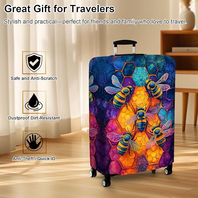 Luggage Cover Protector for 26-28 Inch Suitcases, TSA Approved Elastic Travel Suitcase Covers, Anti-Scratch Washable Luggage Sleeve for Carry On & Checked Bags, Illustration of Bees