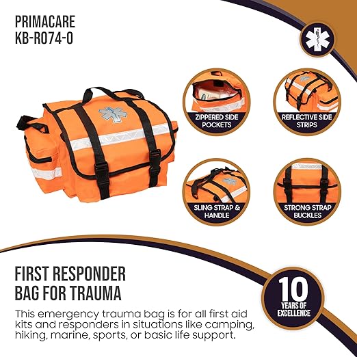 Primacare KB-RO74-O First Responder Trauma Bag, 17" x 9" x 7", Orange — EMT/EMS Medical Supply Organizer with Padded Dividers, Multiple Compartments, Side Pockets, Reflective Strip, Durable Design