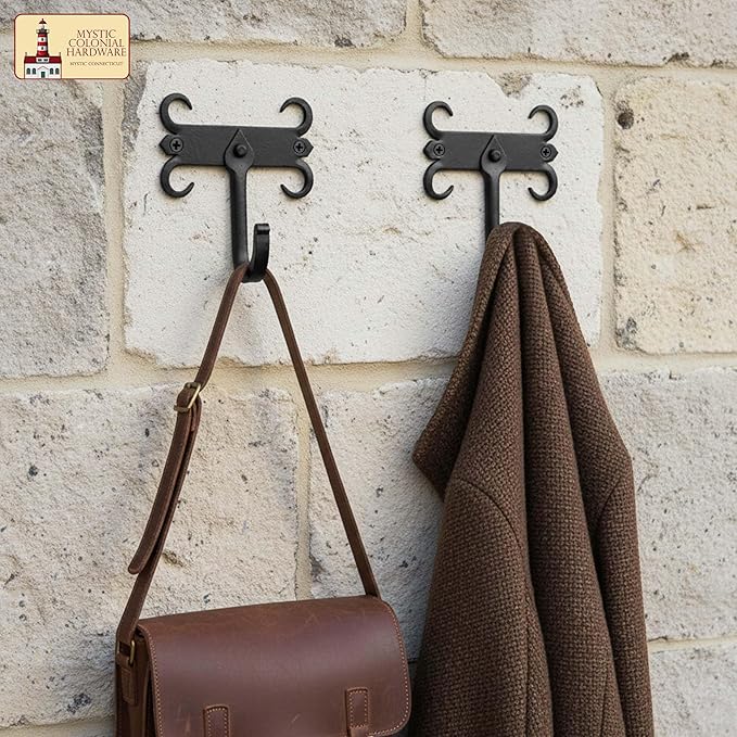 Mystic Colonial Rustic Cast Iron Wall Hooks, Heavy Duty Retro Utility Hooks for Hanging Coat, Bag, Towel, Robe, Hat and More, Mounting Hardware Included, Pack of 2