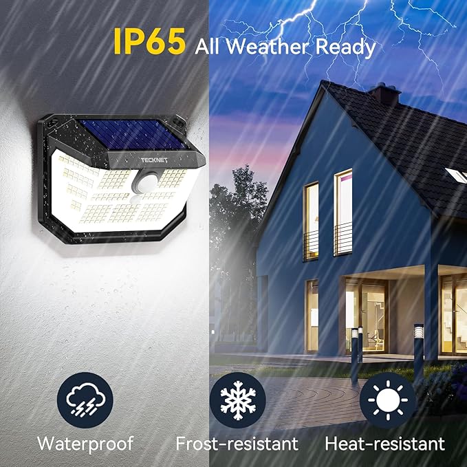 TECKNET 231 LED Solar Motion Lights Outdoor Waterproof, 6 Pack 300° Angle & 3 Lighting Modes PIR Motion Sensor Security Solar Wall Lights IP65 for Fence Front Door Yard Deck Garden Garage