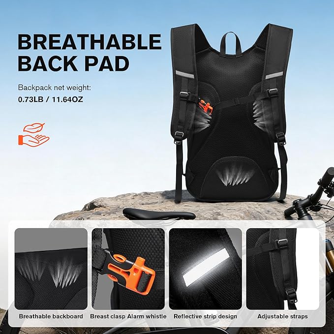 Ultra-Light Soft Daypack 15L/20L, Cushioned Breathable Back Panel Backpack, Lightweight Packable Travel Backpack (Black, 15L)