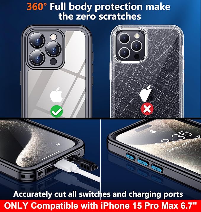 SPIDERCASE ONLY Designed for iPhone 15 Pro Max Waterproof, [Built-in Screen & Camera Protection] [IP68 Underwater]12FT Military Full-body Shockproof Anti-Scratched Rugged Phone Case 6.7”, Black/Clear