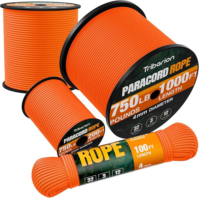 Paracord Rope 750 lb - 200ft 5/32" Parachute Cord 4MM 12-Strand para Cord - Heavy Duty Spool String for Survival,Camping Gear, Survival Bracelet, Clothesline - Orange