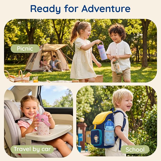 Mommore Kids Water Bottle 12 oz, Insulated Stainless Steel Water Bottle with Straw, Leakproof & BPA-Free, Vacuum Insulated Travel Water Bottle for School, Outdoor Universe-1 Pc