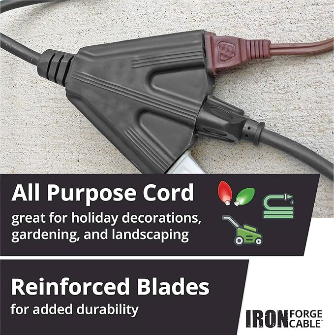 Iron Forge Cable 14 Gauge Outdoor Extension Cord 25 Ft with 3 Power Outlets, SJTOW 14/3 Heavy Duty Outdoor Black Extension Cord 3 Prong, Oil Resistant & Flame Retardant