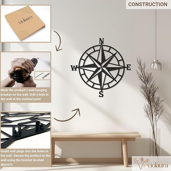 Violaura Compass Rose Metal Wall Art - Easy to Install Hanging Nautical, Directional, Adventure, Navigation, Compass Point, Explorers, Maritime, Wanderlust, Living Room Decor (60" x 60")