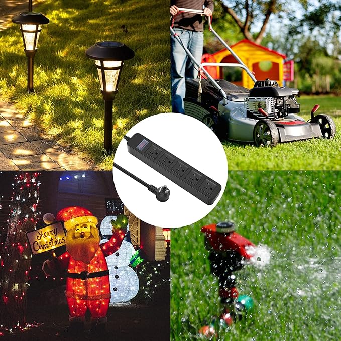 Outdoor Power Strip Waterproof with 5 Outlets, Garden Weatherproof Surge Protector, Christmas Multiple Outlet Exterior Socket for Lighting Appliances. 5FT Extension Cord Strip with Flat Plug. Black