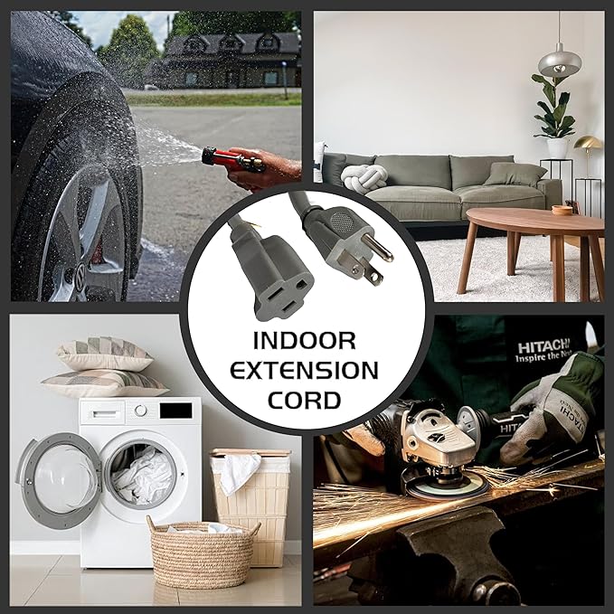Indoor Outdoor Extension Cord Weatherproof, UL Certified, 16 Gauge 6FT Grey 3 Prong Heavy Duty, 16/3 SJTW 13A Power Cord for Outdoor Lights, Appliances, Lawn