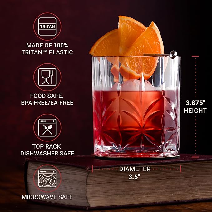 Bravario Unbreakable Plastic Whiskey Glasses | Shatterproof 100% Tritan Double Rocks | Dishwasher-Safe | BPA-free | Perfect for Outdoor Cocktail Bourbon | 13 oz, Set of 4