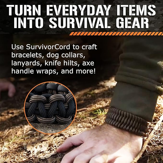 SurvivorCord Titan Survival Patented Paracord 550-25ft, 100ft, 500ft & Color Options - 620LB Strength Survival Paracord Military Spec with 3 Strands - Heavy Duty Hank Cord for Camping & Outdoors