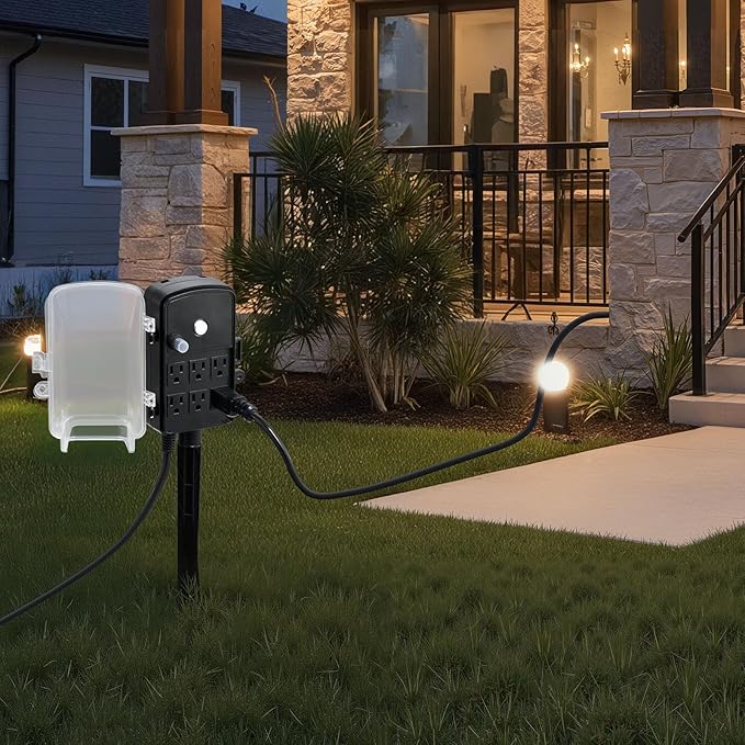 VEVOR Outdoor Power Stake Waterproof, 25 FT Extension Cord, Outdoor Power Strip, Weatherproof with Cover and Overload Protection, 6 Outlets, 15A/1875W for Halloween/Christmas Lights Decorations