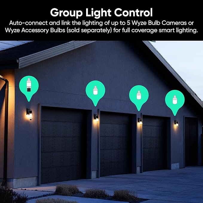WYZE Bulb Cam Security Camera, 2K HD Outdoor Light Bulb Camera, Color Night Vision, Dimmable LED Bulb, Motion Detection, Siren Alarm, Works w/Alexa/Google Assistant. Free Expert Support