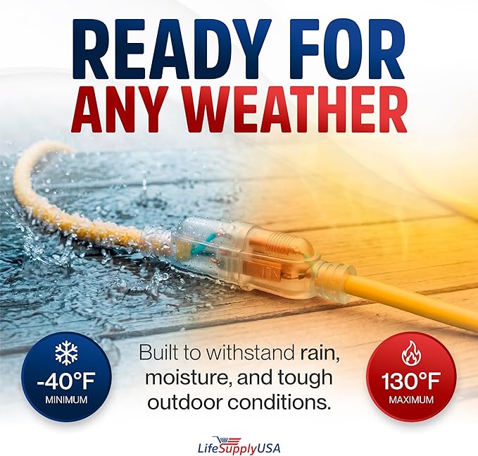 3ft Outdoor/Indoor Extension Cord 10/3 Gauge Ultra Heavy Duty 3 Prong SJTW, Waterproof, Flexible Cold-Resistant Long Power Cord,15A 125V 1875W, Yellow by LifeSupplyUSA