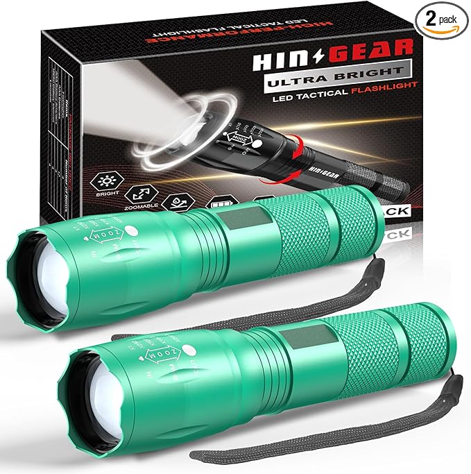 1 Mode Flashlights 2 Pack, Super Bright Zoomable LED Tactical Flashlight High Lumens, Water Resistant Portable Pocket Flash Light for Emergency, Camping, Home, and Gift - Turquoise