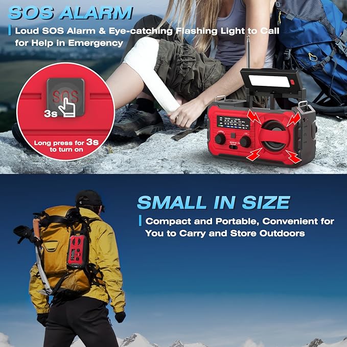 NITIGO 10000mAh Emergency Radio, NOAA Weather Radio with AM/FM, 37000mWh Rechargeable Phone Power, USB/Solar/Hand Crank Charging, LED Flashlight, SOS Alarm, Reading Lamp for Indoor/Outdoor Emergencies