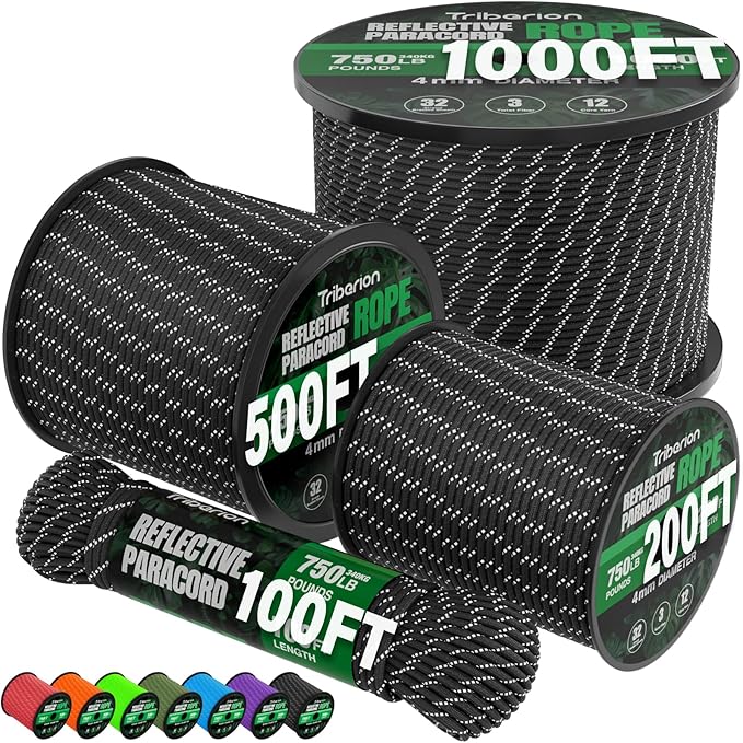 Reflective Paracord Rope 750 lb - 100ft 5/32" Parachute Cord 4MM 12-Strand para Cord - Heavy Duty Spool String for Survival,Camping Gear, Survival Bracelet, Clothesline - Black