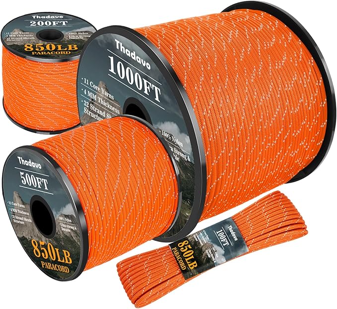 Reflective Paracord Rope 850Ib, 50/100/200/500/1000ft 4MM 11 Strand Strong Heavy-Duty Parachute Spool Cord, para Cord Lanyard for Hammock, Camping, Hiking and Survival, Orange 500FT