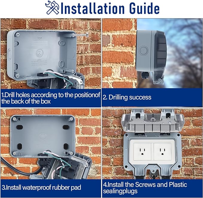 Outdoor Power Outlet Box with 26.3Ft Extension Cord, NEMA 5-15R, STW 14 AWG, Weatherproof Waterproof IP66 Electrical Outlet Extender, Exterior Wall Power Socket w/Cover for Garden