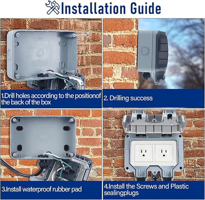 Outdoor Power Outlet Box with 16.4Ft Extension Cord, NEMA 5-15R, STW 14 AWG, Weatherproof Waterproof IP66 Electrical Outlet Extender, Exterior Wall Power Socket w/Cover for Garden