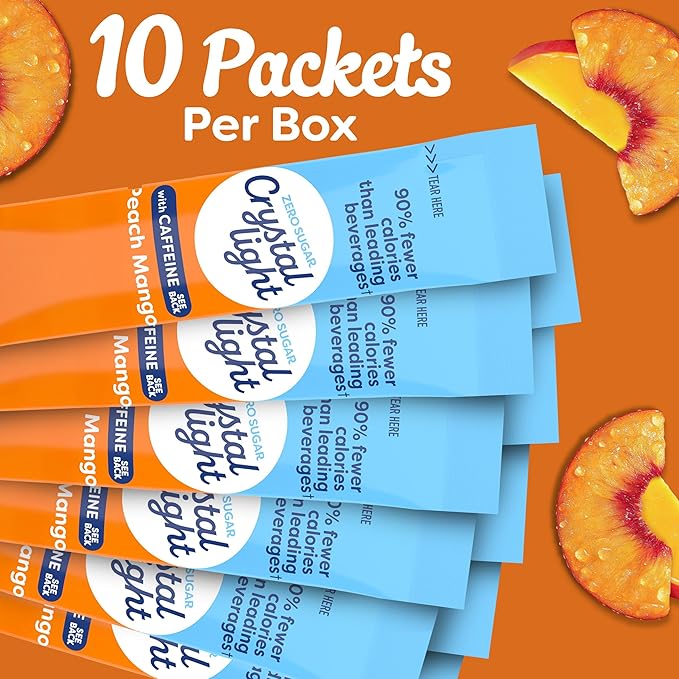 Crystal Light On The Go Peach Mango With Caffeine Drink Mix, 10-Packet Box, 0.7 OZ (Pack of 3)