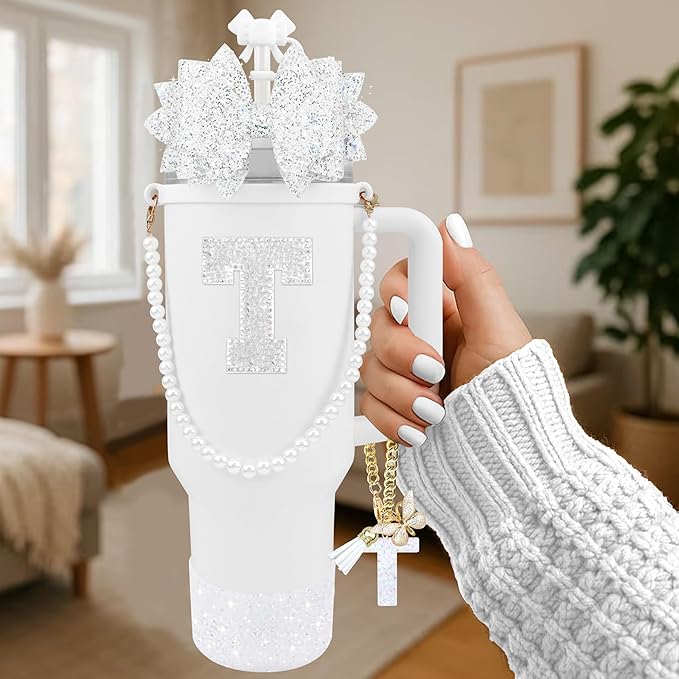 9PCS White for Stanley Cup Accessories Set Bling Initials Bow Charms for Stanley Decorations 30/40 Oz Tumbler Accessories Including Bow Straw Topper, Handle Strap, Spill Stopper（Letter T）