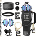 9PCS Black for Stanley Cup Accessories Set Bling Initials Bow Charms for Stanley Decorations 30/40 Oz Tumbler Accessories Including Bow Straw Topper, Handle Strap, Spill Stopper（Letter E）