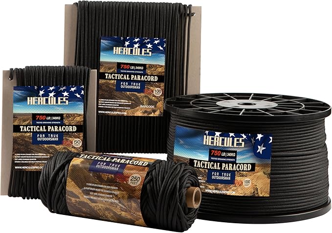 HERCULES 750lb Paracord 4mm 11 Strands Tactical Parachute Cord, 50' 100' 250' 1000' Utility Rope for Camping, Survival, Outdoor Gear (Black, 100FT)