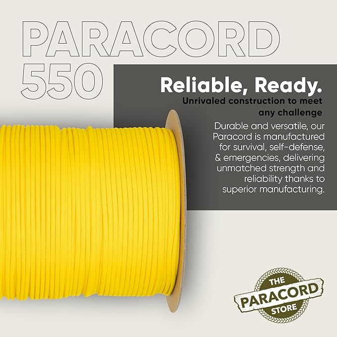 The Paracord Store | Type III 550 Paracord - 250 FT Spool, Canary Yellow | Heavy Duty 7 Strand Tactical Paracord - USA Made Nylon Outdoor Parachute Cord for Camping, Fishing & More - Survival Cord