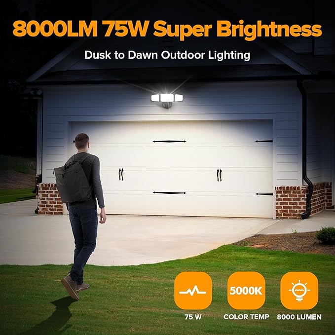 LUTEC 75W 8000LM Dusk to Dawn Outdoor Lighting, LED Flood Light Outdoor with Photocell, 5000K Daylight, IP65 Waterproof, LED Security Lights for Garage, Yard, Patio (Black)