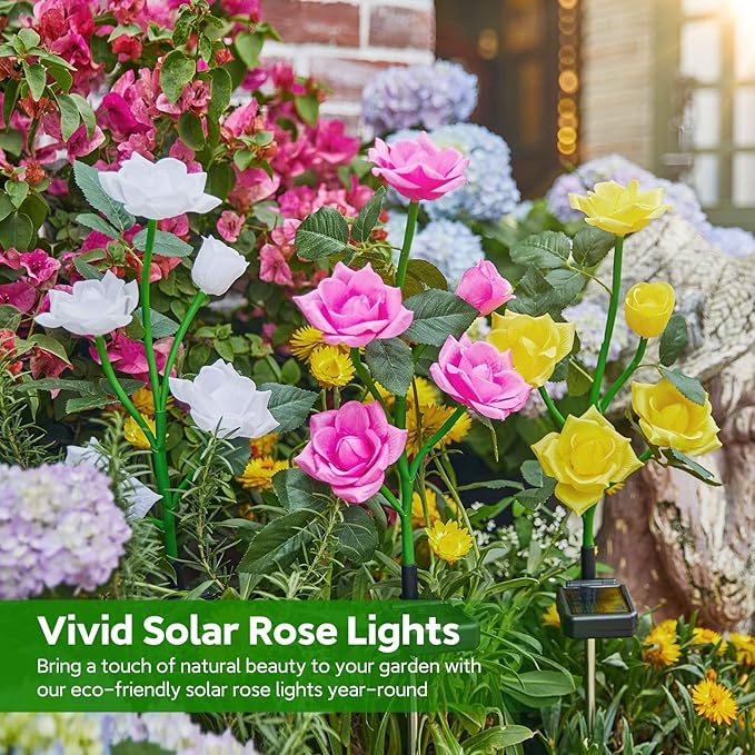 Solar Garden Lights, 6 Pack Upgraded Garden Decor LED Lights with 30 Rose Flowers, IP65 Waterproof 7 Color Changing Flowers, Outdoor Solar Lights for Garden Decorations, Gifts for Valentine's Day