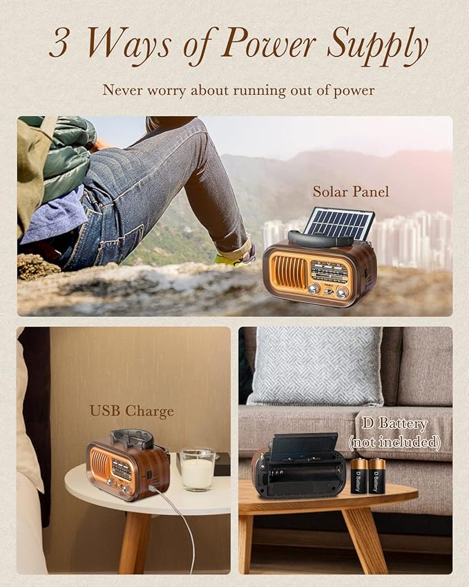 PRUNUS J-150 Portable Radio AM FM SW Bluetooth Speaker, Gifts for Dad and Mom, Retro Radios Vintage Transistor with Best Sound, Solar/D Battery Operated/USB Charging, TWS, Support TF Card/USB Playing