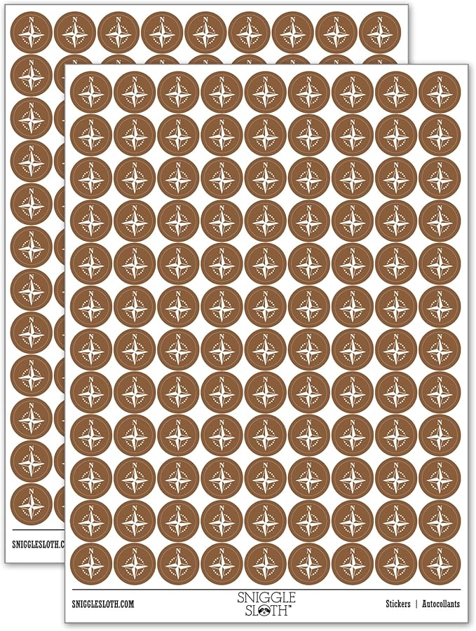 Compass Rose Nautical Star Navigation Map 200+ Round Stickers - Matte Finish - 0.50" Size - Brown