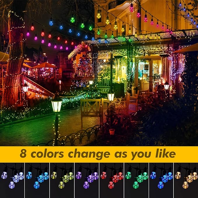 Solar Outdoor RGB String Lights, 48FT Dimmable Patio Lights with 15 Shatterproof Edison Bulbs, Commercial Grade Waterproof LED String Lighting with Remote for Party, Garden, Yard