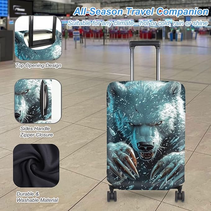 Luggage Cover Protector for 26-28 Inch Suitcases, TSA Approved Elastic Travel Suitcase Covers, Anti-Scratch Washable Luggage Sleeve for Carry On & Checked Bags, White Bear with Claws